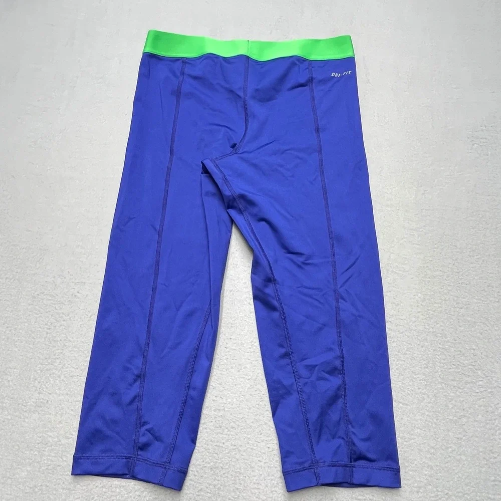 Nike Pro‎ Womens Compression Capri Leggings Blue Neon Green Waistband Size M